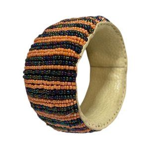 Hand Beaded Seed Beads Extra Wide Stitched Leather Lined Tribal Bracelet Vintage